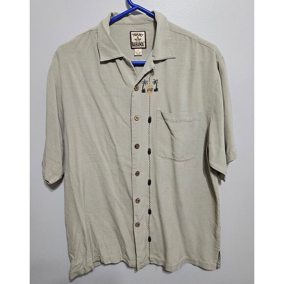 Tommy Bahama 100% Silk Men's Size S Beige SS Button Up Pineapple Palm Tree Print - Picture 1 of 9